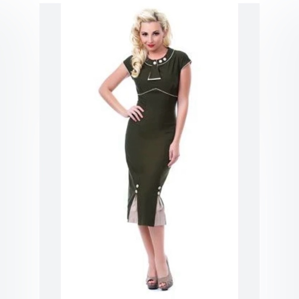 Stop Staring! Olive Green Bombshell wiggle dress NWOT Size 14 Rockabilly Pinup